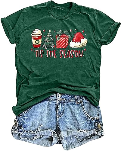 Christmas Shirt Women Tis The Season Christmas Tree T Shirt Latte Coffee Graphic Xmas Holiday Tee Tops
