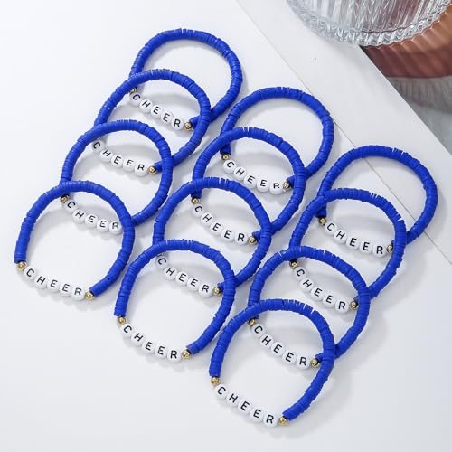 12Pcs Polymer Clay CHEER Stackable Friendship Bracelets Colorful Multilayer Heishi Surfer Clay Gold Beaded CHEER Stretch Bracelets for Women Men Game Day Jewelry Team Cheer Gifts4