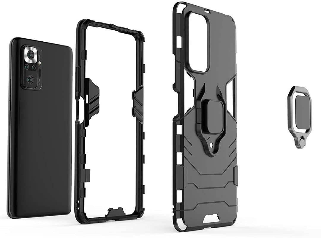 FitSmart Protective Rugged Hybrid Robot Armor Hard Back Cover with Ring Kickstand Case for Xiaomi Redmi Note 10 Pro - Red