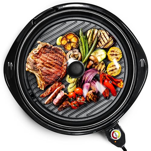 Elite Gourmet EMG-980BX Large Indoor Electric Round Nonstick Grill Cool Touch Fast Heat Up Ideal Low-Fat Meals Dishwasher Safe Includes Glass Lid, 14', Black
