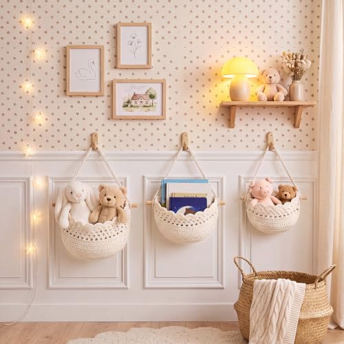 Image of Honeydak 3 Hanging Baskets, White, Lace, Cotton Rope