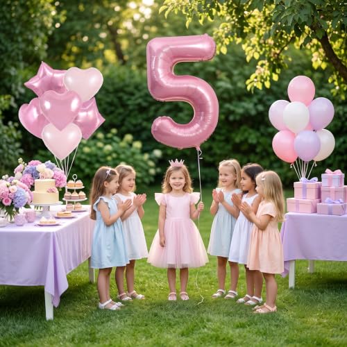 Image of TONIFUL 5th Birthday Balloons Kit 40 Inch Pink Large Number 5 Foil Balloon | with 18 Inch Helium Foil Star Shaped Balloons for Girls Women Birthday Anniversary Graduation New Year Eve Party Decoration
