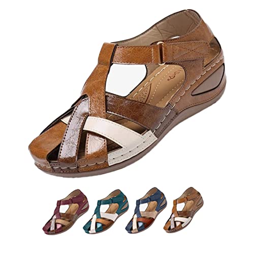 Women's PU Leather Closed Toe Orthopedic Sandals - Vintage Anti-Slip Cross Belt Wedge Rome With Ankle Strap - Gladiator Outdoor Hollow Out (6,Brown)