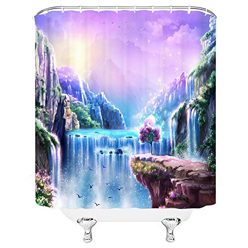 Fantasy Mountain Shower Curtain Magic Fairy Tale Landscape With Waterfalls Birds And Flying Island Decor,Purple Fabric Bathroom Set Hooks Included #TOP4