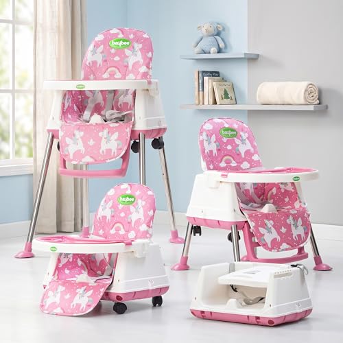 Image of Baybee 4 in 1 Convertible High Chair for Kids | Foldable Baby Feeding Chair with Safety Harness, Adjustable Tray, Booster Seat | Easy to Clean, Portable Dining Chair (Pink)