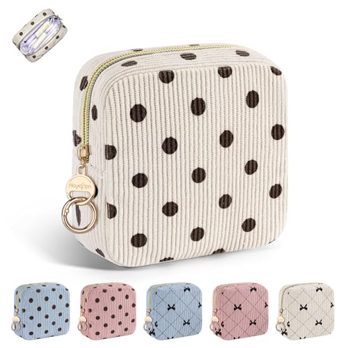 Image of Period Bag for Teen Girls, Corduroy Cute Sanitary Napkin Storage Bag, Menstrual Pad Pouches Tampon Holder for Purse (Beige-Polka Dots)
