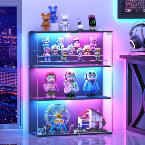 VersionTECH. Glass Display Cabinet with RGB LED Lights Full-View Display 3-Tier Display Case with Glass Doors for Collectibles Cabinets with Lock Human Sensor Charging Station Black