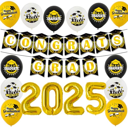 Decoraciones de graduación 2025, suministros de fiesta de clase de 2025 con globos de graduación negros y dorados, pancarta de felicitaciones de graduación 2025 para la universidad y la escuela