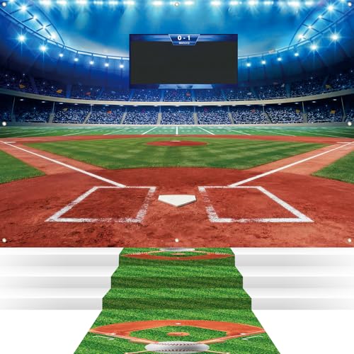 Hahafelt 2 Pcs Baseball Party Decoration Set 80 x 60 Baseball Field Backdrop 10 ft Ball Floor Runners Sports Themed Birthday Party Background Ball Field Rug Sports Wall Photo Prop Sign Lawn Supply