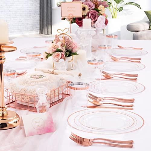 I00000 25Guest Rose Gold Plates With Disposable Silverware, Disposable Dinnerware Includes 25 Dinner Plates 10.25", 25 Salad Plates 7.5", 25 Tumblers, 25 Forks, 25 Knives, 25 Spoons For Party #TOP6