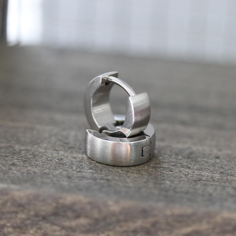 Double Accent 316L Surgical Stainless Steel Brushed Finish Domed Huggie Hoop Earrings, 4mm x 11mm