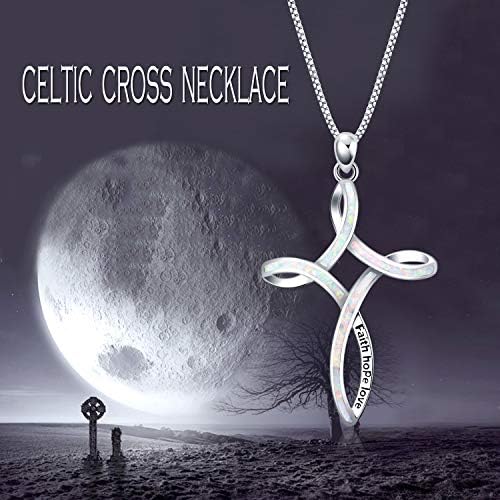 WINNICACA Celtic Knot Necklace Sterling Silver Created Opal Love Knot Pendant Necklaec Jewellery Gifts for Women,Engraved 'faith hope love' at the Celtic Cross Necklace