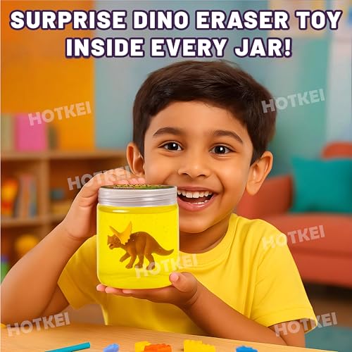 Image of HOTKEI Yellow 200 gm Slime with Dinosaur Eraser Toy Inside for Kids 3 to 10 Years Kit Set Art Slime Dino Toys for Birthday Return Gift Toys for Kids Boys Girls Birthday 9-12 Year
