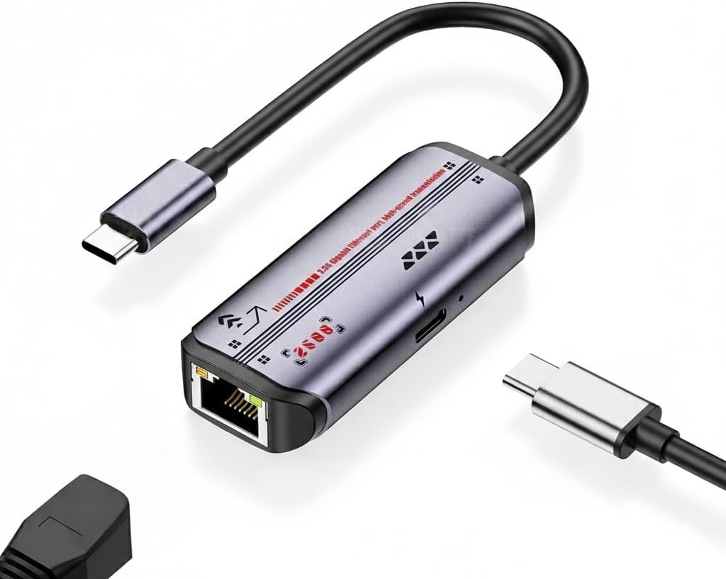 2-in-1 USB-C Ethernet Adapter, 2.5G/1G/100Mbps RJ45 LAN Converter with PD 87W Fast Charging, Plug-and-Play for Laptops (Windows/macOS/Linux)