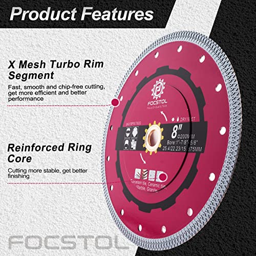 FOCSTOL Diamond Tile Saw Blade - 200mm Cutting Disc for Porcelain Ceramic Tile Marble Granite Quartz Arbor 25.4mm x 22.23mm x 15.875mm - Image 3