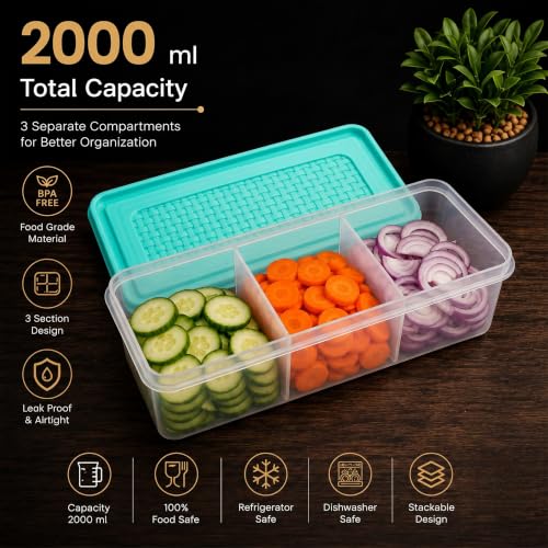 Image of MAGIC SPOON Multipurpose 3 Section Storage Container | Spice Box, Pickle Jar, Fridge Organizer, Dry Fruit, Vegetable & Kitchen Storage Container- 2000ml X 1 Pack (AQUA)