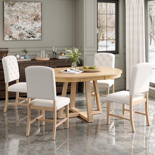 Image of Bellemave 5-Piece Dining Table Set, Extendable Round Dining Table with 16 inch Removable Leaf, 4 Upholstered Button Tufted Chairs, Acacia Veneer Tabletop (Natural)