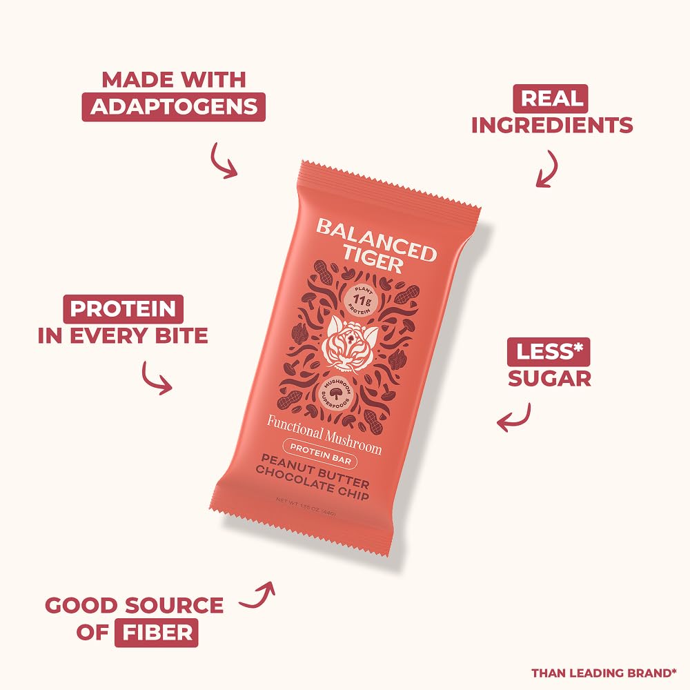 Functional Mushroom Vegan Protein Bars | Made in USA | Full Dose (1500mg) Lions Mane, Chaga, Reishi & Cordyceps Bars | Plant Protein Bars w/Adaptogens & Superfoods | Peanut Butter Chocolate Flavor