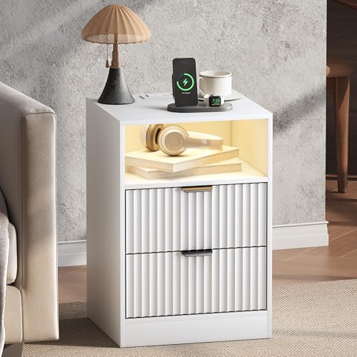 Image of Wodeer Fluted Nightstand Set of 2, LED Nightstand with Charging Station, Wood Nightstands with 2 Drawers & Metal Handles, Modern Bedside Table & End Tables, Farmhouse Night Stands for Bedroom, White
