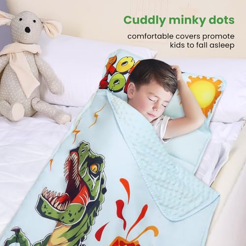 Dinosaurier Schlafsack Kinder mit Kopfkissen Reißverschluss, Faltbare Kinderschlafsack mit Kissen Abnehmbar für Mädchen Jungen, Leicht Reinigen Schlafsack für Outdoor Indoor Camping, 150×60cm