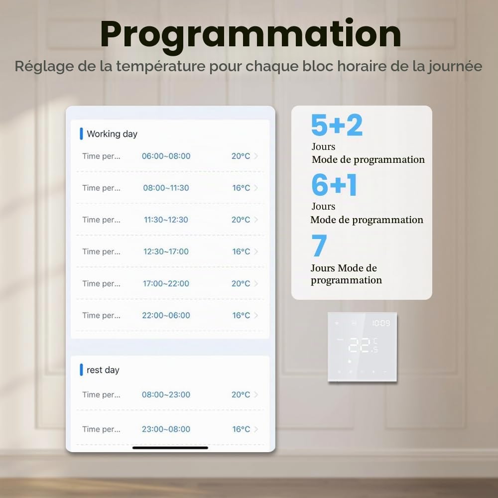 Thermostat Connecté WiFi Chauffage de l'eau Thermostats d'Ambiance Programmable Régulateur de Température Mural avec LCD Numérique Compatible Tuya 3A,Blanc