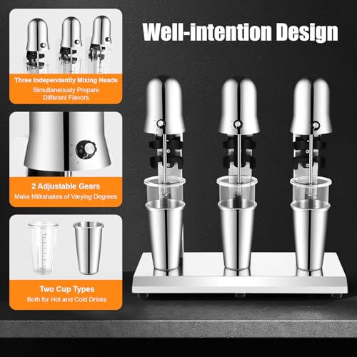 3 Heads Milkshake Machine Stainless Steel Milkshake Mixer Milk Shake Machine with Mixing Cup Commercial Milk Frother Mixer for Milkshake, Milk Tea, Fruit Smoothie, 18000RPM