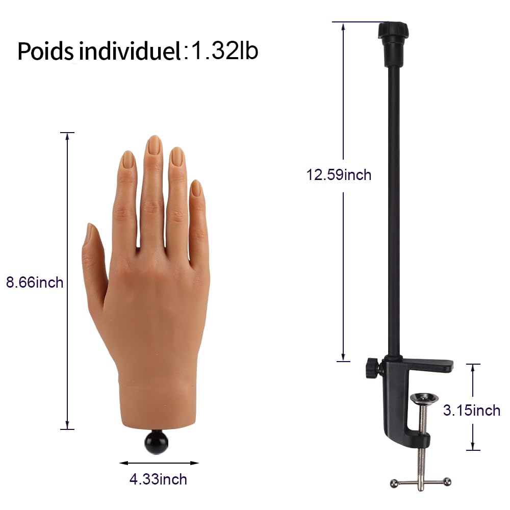 KnowU Main d'entrainement Manucure avec Support, Nail Practice Training Hand, Main d'entraînement Pour Ongles en Acrylique, Fausse Main, Mains d entrainement Ongles, droit