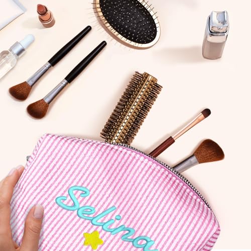 Personalized Monogram Makeup Bag, Custom Cosmetic Bag with Zipper, Birthday Gifts for Girls Sister & Girlfriend, Lightweight Seersucker Travel Pouch for Toiletries with Striped Pattern2