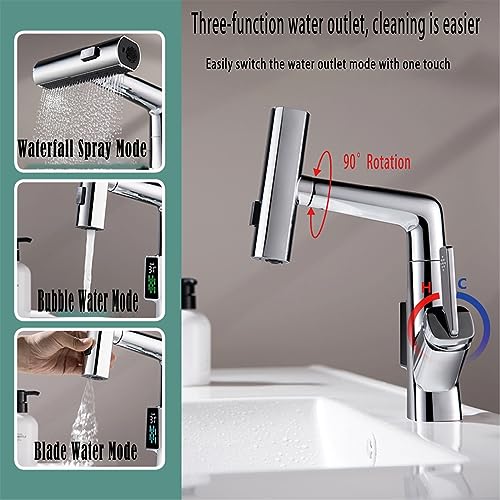 Robinet de salle de bain cascade au design moderne gris chrome avec bec relevable