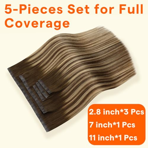 Image of Full Shine Butterfly Weft Hair Extensions 18 Inch 100g 5Pcs | Brown Ombre Blonde Remy Hair, Natural Volume, Invisible PU Holes, Wedding Styling, Micro Beads Installation