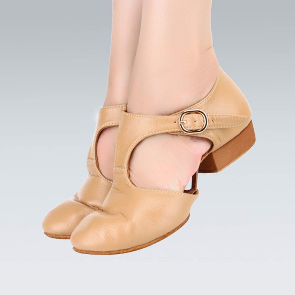 JUODVMP Zapatos de Danza Moderna Jazz para Mujer,Cómodo Ponerse Cuero Fino Zapatillas de Danza de Jazz de Práctica,Modello JS359
