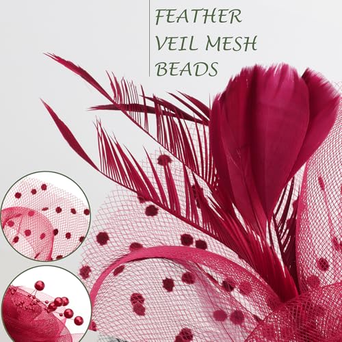 Image of DRESHOW 1920s Vintage Fascinators Hat for Women Veil Mesh Tea Party Derby Hat Bow Satin Gloves Pearl Jewelry Set for Cocktail