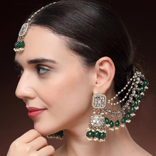 Image of ZENEME Traditional Gold Plated Kundan And Pearl Beaded Baahubali Jhumkas With Multi Layered Ear Chain Earrings for Women & Girls