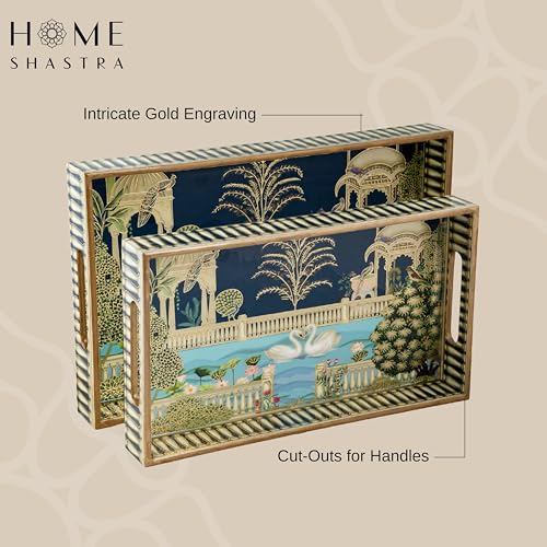 Image of Swan Wooden Serving Tray with Gold Engraving | Set of 2 | Size : 16 x 10 inch & 14 x 8 inch | Enamel Coated Waterproof | Rectangular | Swan Set of 2