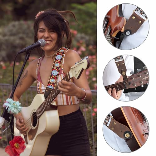 Image of Nefelibata Guitar Strap,Crazy Horse Leather Jacquard Embroidery Cotton Guitar Straps for Bass, Electric & Acoustic, Best Gifts for Guitarists(Retro Black Daisy)
