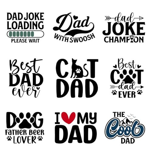 9pcs Cat Dad Dog Iron On Transfer Decals Thermal Stickers for Clothing Appliqued Washable DIY Applique Iron On Heat Press Vinyl for Shirts Pillow Covers