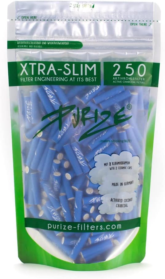 Xtra Slim Filter Tips Bags with Activated Charcoal by Purize (x250)-250pcs-Blue