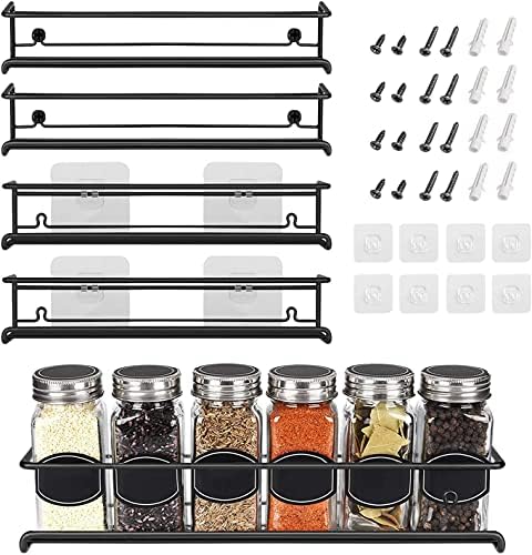 Spice Rack Wall Metal 4 Kitchen Shelf Organiser Hanging Self-Adhesive Spice Rack Cupboard Door No Drilling for Kitchen Shelf, Cupboard Insert, Bathroom Shelf 29 x 6.3 x 5 cm