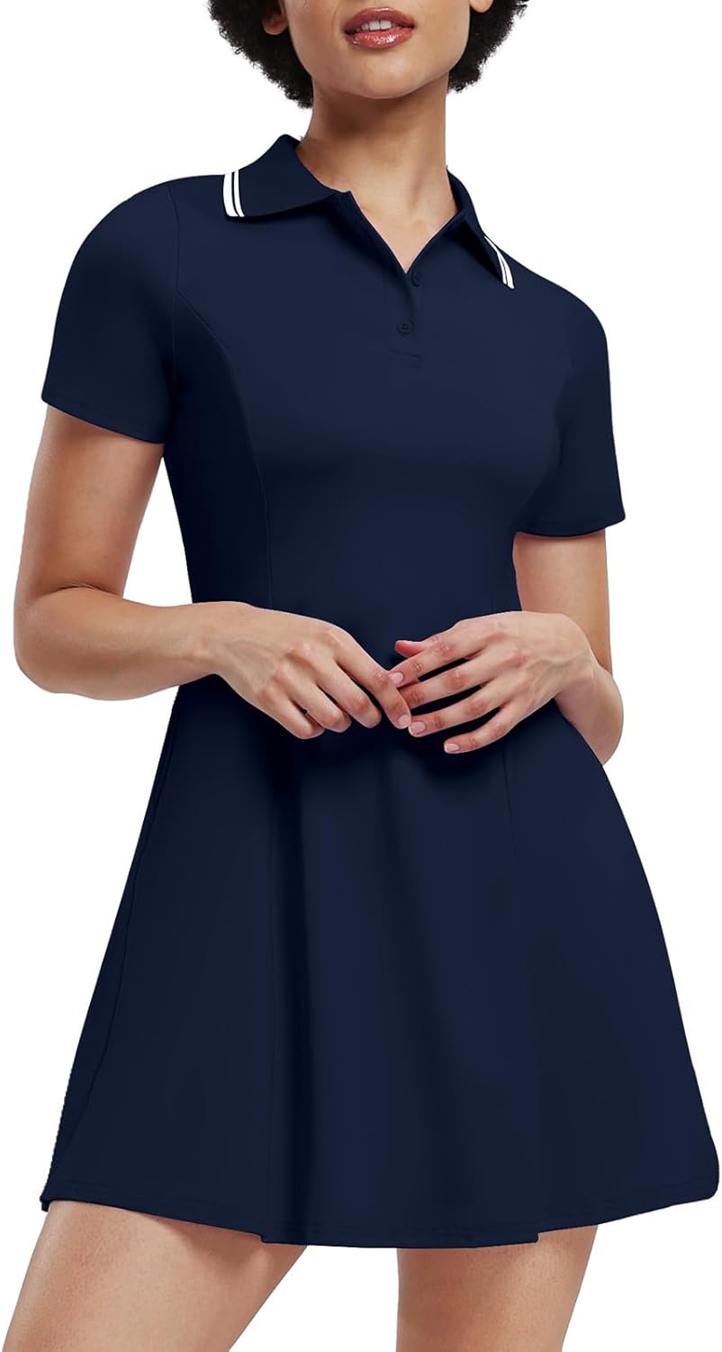 Womens Tennis Dresses Golf Dress Short Sleeve with Shorts Workout Athletic Dress - Image 2