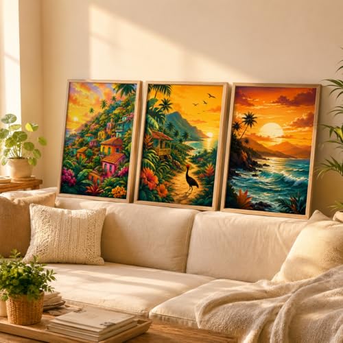 Image of Livin'luxe Set of 3 Tropical Sunset Landscape Wall Paintings for Living Room Dining Bedroom Home Decor with Premium Wooden Color Synthetic Frame (25.5 x 19.5 Inch) NM03-75
