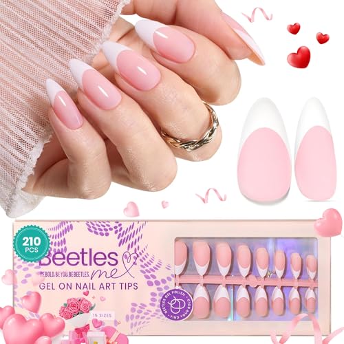 Beetles French Tips Press On Nails-210 Pcs Pink French Tip Nails Medium Almond Fake Nail Tips