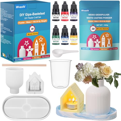 Wvasfd Kit Completo de Yeso Manualidades Incluye 1000g Gesso Blanco, 6 Colores, 3 Moldes Silicona, Endurece 30 Min, Escayola Manualidades para Creativa DIY
