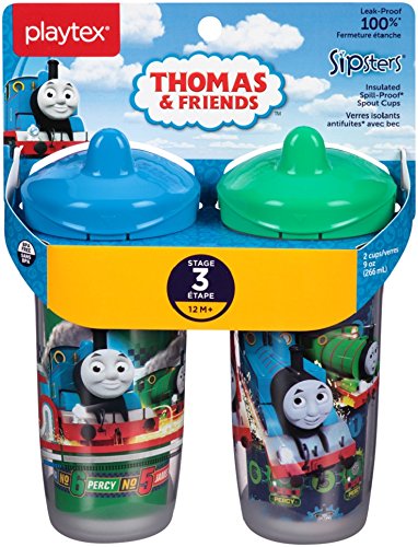 Playtex Sipsters Stage 3 Thomas The Train Spill-Proof, Leak-Proof, Break-Proof Insulated Spout Sippy Cups - 9 Ounce - 2 Count (Color/Theme May Vary)