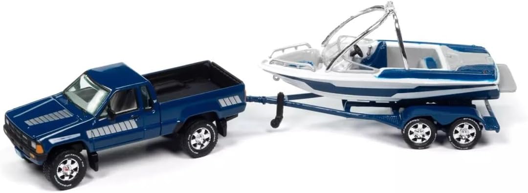1/64 Johnny Lightning 1985 SR-5 Pickup with Speed Boat Trailer (Blue) Diecast Models - JLSP399