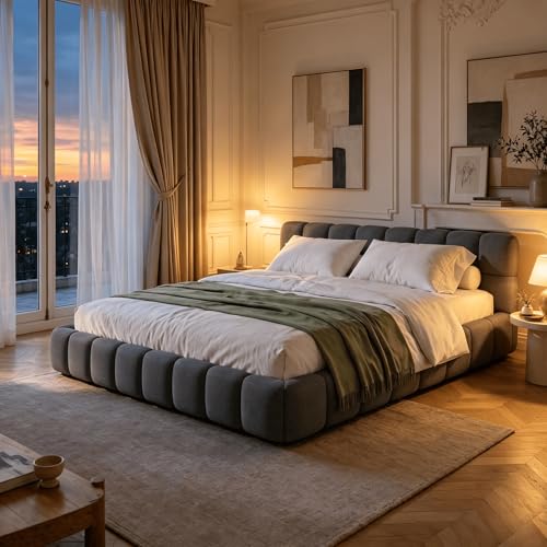 HYNHXBP Lit Bulle 160x200 avec sommier à Lattes et tête de lit rembourrée, Cadre de lit Bas, Lit Double capitonné,Lin, sans Matelas (Gris, 160 x 200 cm)