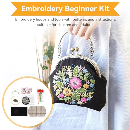Schwarz Leinentasche Stickerei Starter Kit, Stickpackung Aus Segeltuch, Stickset Tragetasche, Canvas Tragetasche Damen, Unfertige Handgefertigte DIY-Geldbörse Mit Kussschloss Und Crossbody-Kette