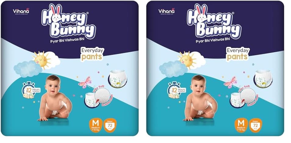 Honey Bunny Everyday Baby Diapers Pants | Medium (M), 72 Count, 7-12 kg | Silky Soft on Skin, Bubble Layer | 12 Hours Protection Baby Diaper (Pack of 2)-image-17