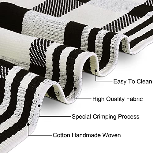 Black Off White Buffalo Plaid Area Rug 4' X 6' Cotton Woven Checkered Rugs Reversible Foldable Washable Indoor Outdoor Rug Doormat Collection Carpet For Farmhouse Room Porch Bedroom Door Stripe Rug #TOP4