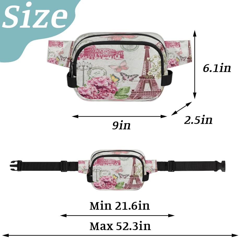 Painted Towers Butterfly Flower Waterproof Fanny Pack for Women Men Adjustable Waist Bag with Double Zipper Pockets Lightweight Square Hip Pack for Running Travel Hiking Workout Cycling