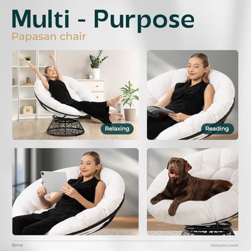 Image of Bme Ergonomic Wicker Papasan Chair with Soft Thick Density Fabric Cushion, High Capacity Steel Frame, 360 Degree Swivel for Living, Bedroom, Reading Room, Lounge, Arctic Snow - Black Base